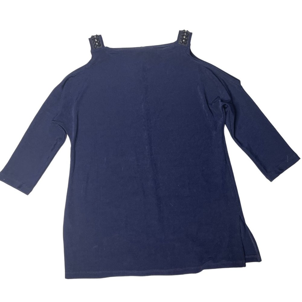 Chicos Travelers Beaded Cold Shoulder Top Size 1 Medium Navy Travel Resort